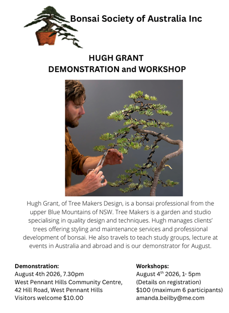Hugh Grant, of Tree Makers Design, is a bonsai professional from the upper Blue Mountains of NSW. Tree Makers is a garden and studio specialising in quality design and techniques. Hugh manages clients' trees offering styling and maintenance services and professional development of bonsai. He also travels to teach study groups, lecture at events in Australia and abroad and is our demonstrator for August. 